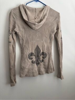 Beige Hooded Thermal Waffle Top with Fleur-de-Lis Stud Detail
